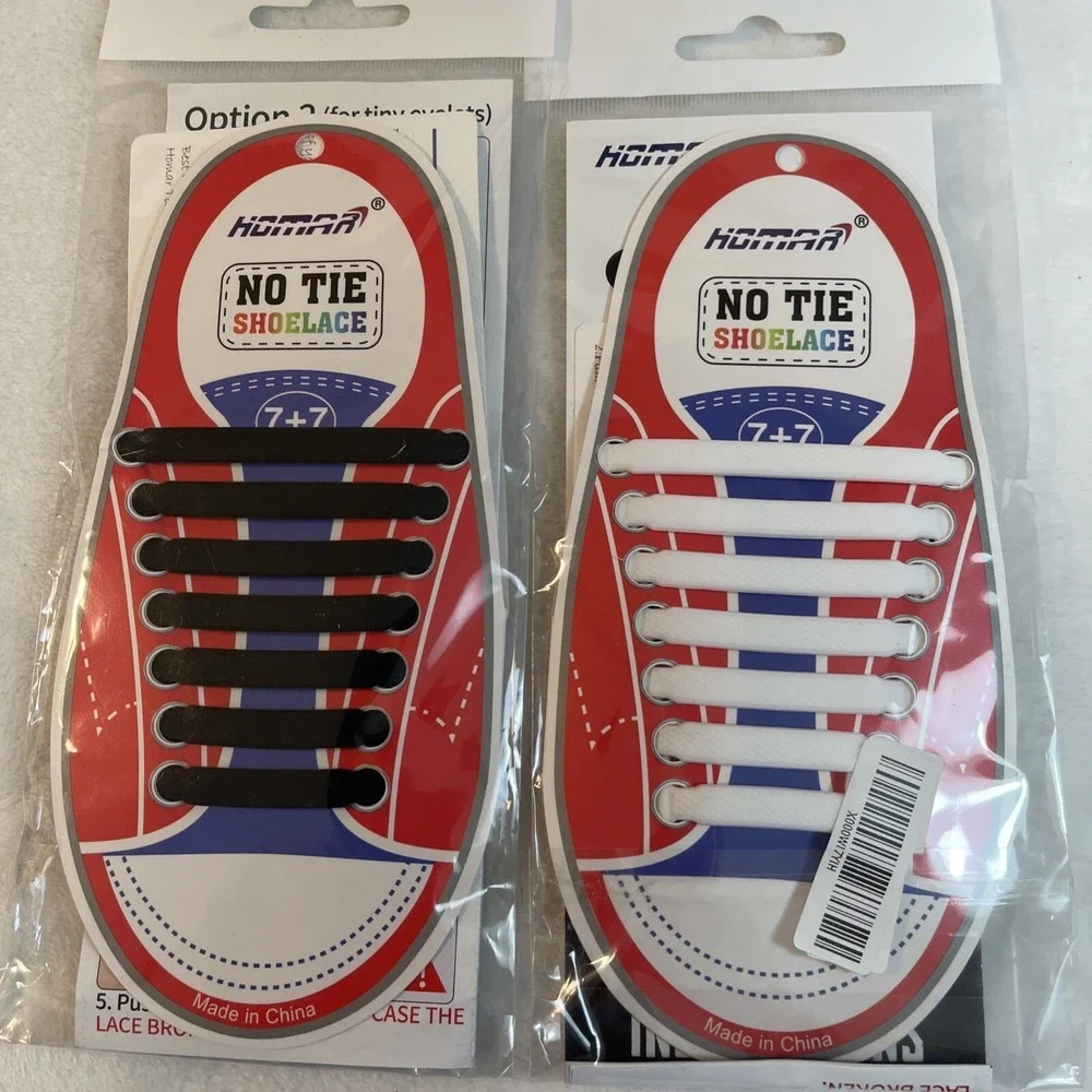 HOMAR No Tie Shoelaces Kids 7+ Elastic Lock Laces Black White Set of 2 Packs